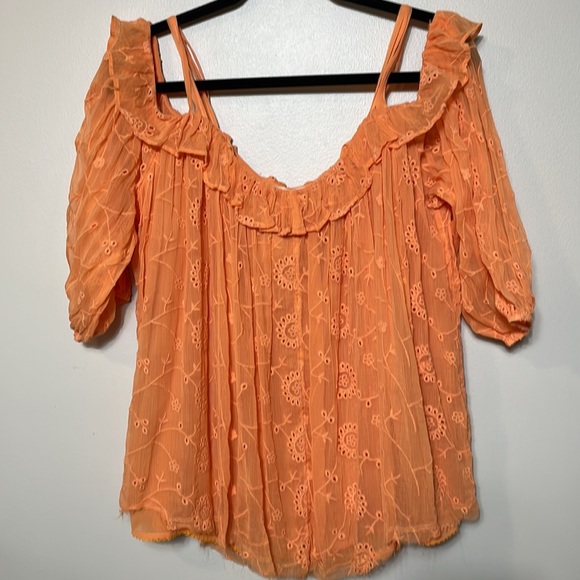 Anthropologie Floreat Tangerine Off Shoulder Semi Sheer Embroidered Blouse NWT - Picture 9 of 13